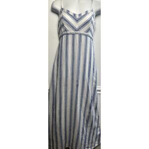 C&C California 100% Linen Striped Sleeveless Sundress 6 Maxi White Blue Stripe